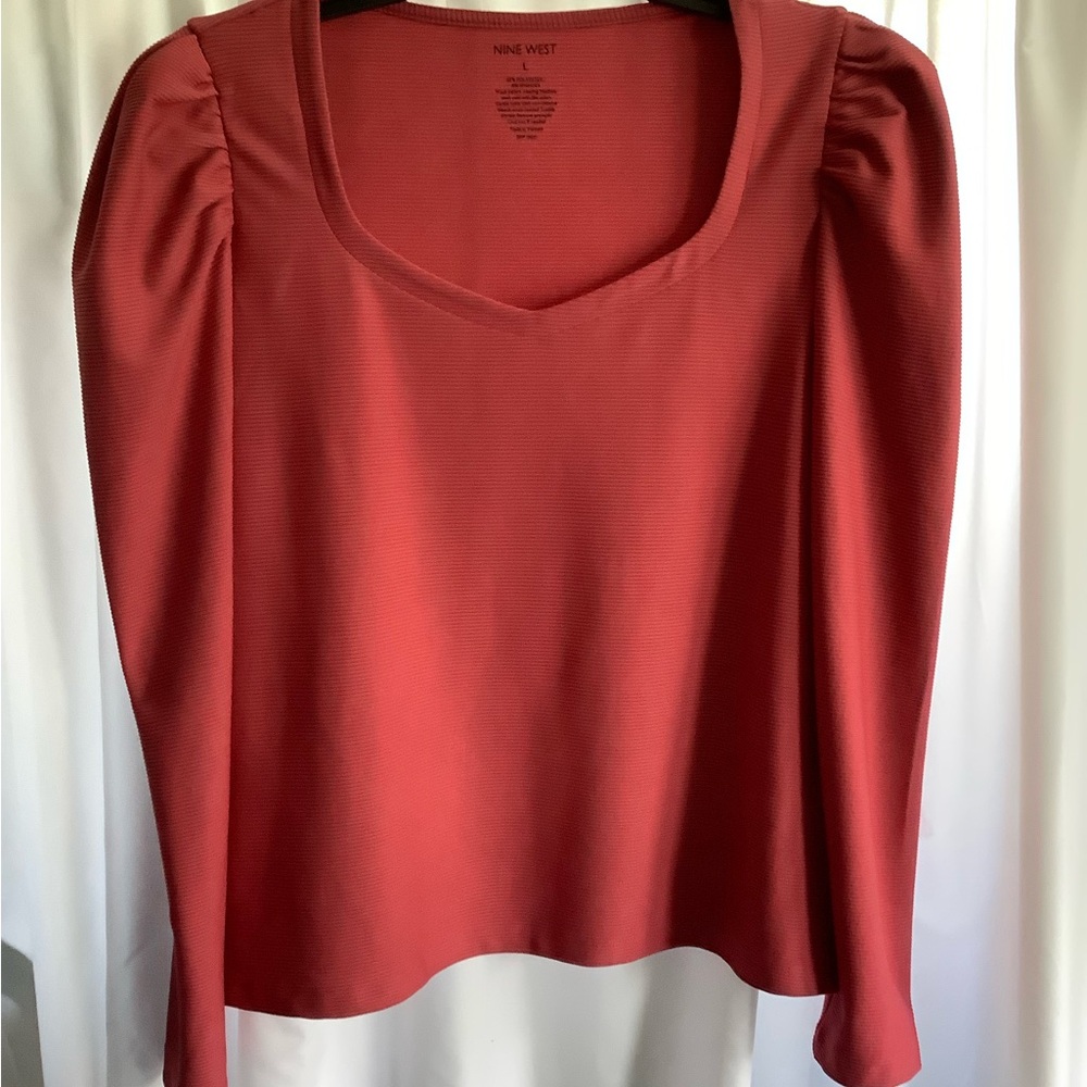 Nine West Long Puffed Sleeve Ribbed Knit Top Size L NWT